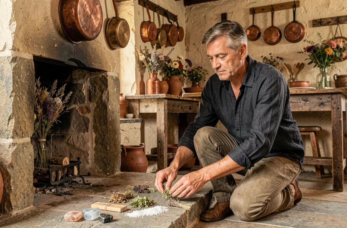 Homme préparant un rituel de purification avec herbes et sel dans une cuisine rustique