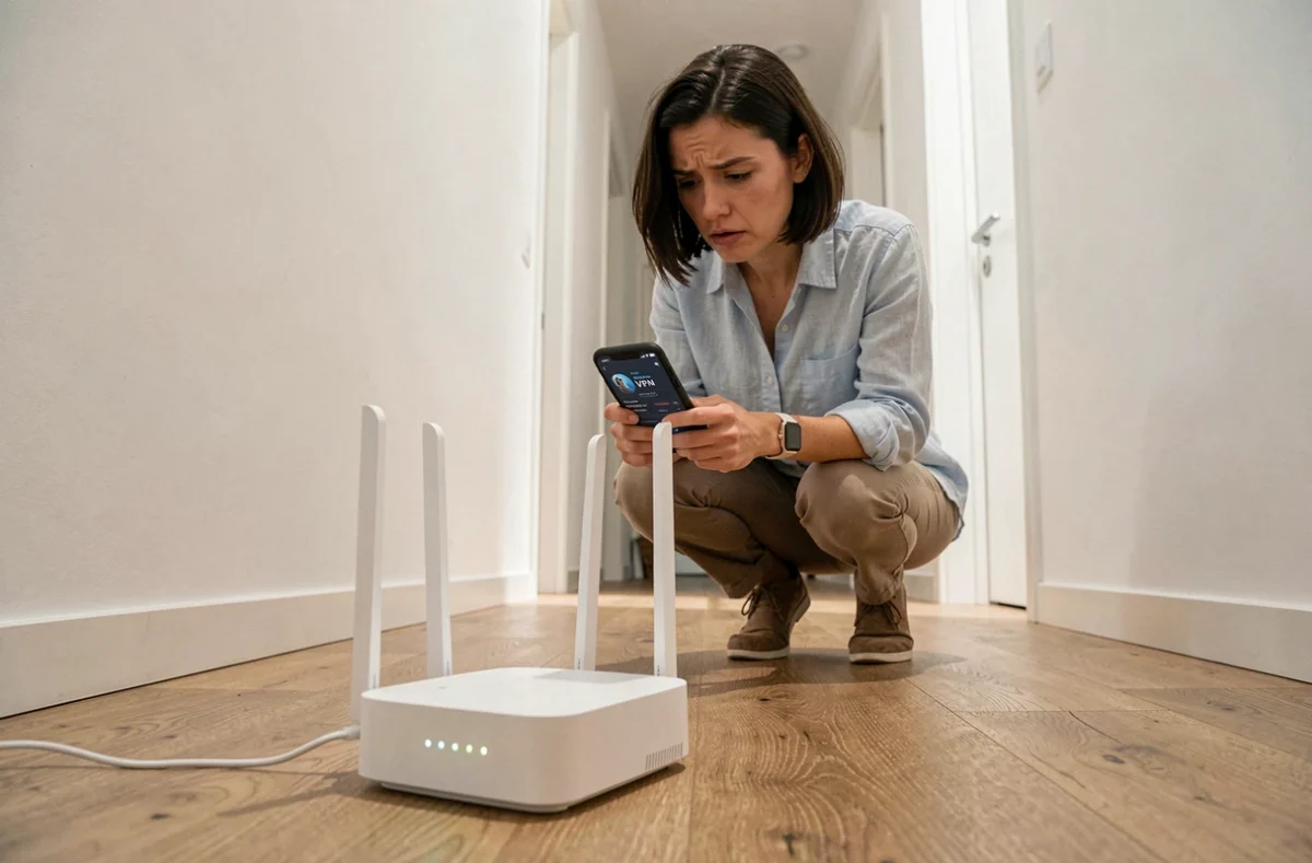 Femme inspectant un routeur wifi dont les voyants clignotent après activation d'un VPN sur smartphone