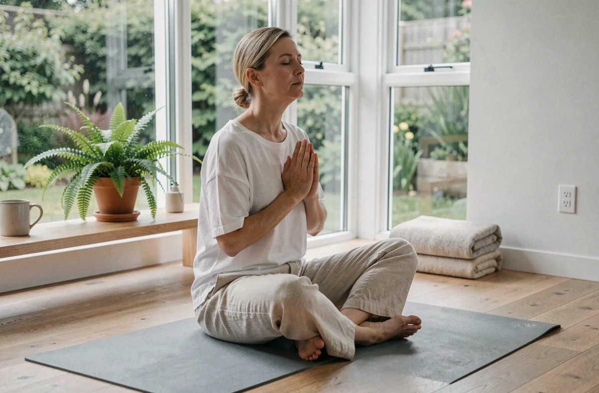 Femme pratiquant des exercices de respiration et d'étirement dans le cadre d'une routine naturopathique à domicile