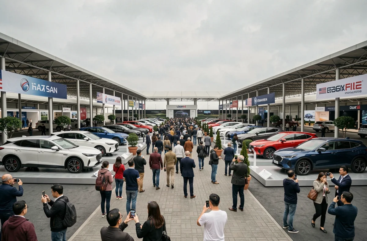 Salon automobile international en plein air avec des visiteurs découvrant des véhicules de grands constructeurs mondiaux