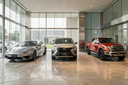 Showroom automobile moderne présentant trois véhicules de constructeurs mondiaux différents sur sol en béton poli