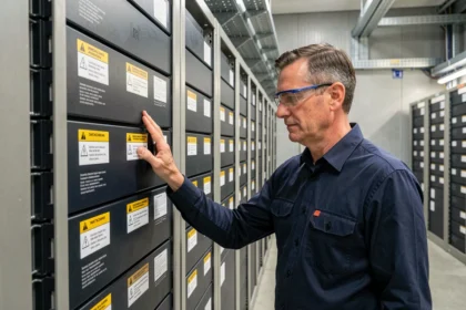 Ingénieur inspectant un mur de batteries lithium-ion dans une installation de stockage d'énergie industrielle