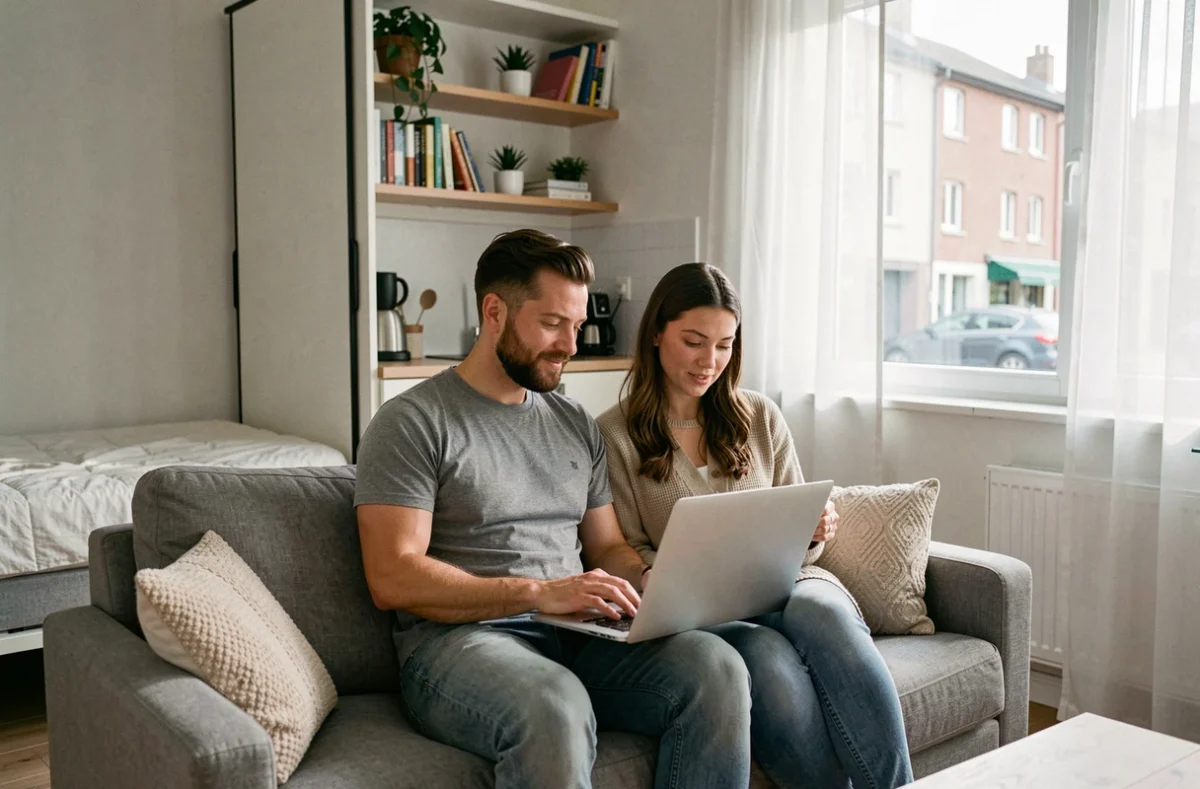 Couple assis dans un studio bien optimisé consultant des annonces immobilières pour choisir la superficie idéale à deux