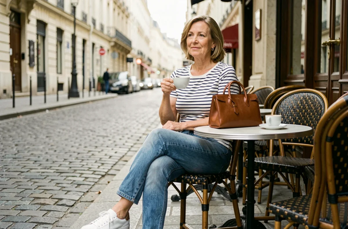 Femme élégante de 50 ans en marinière et jean droit attablée à une terrasse de café parisien, illustrant un style casual-chic au quotidien