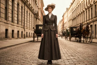 Femme en tenue Édouardienne années 1910 sur un boulevard pavé, avec jupe longue, veste ajustée et chapeau à large bord orné de plumes