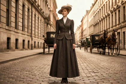 Femme en tenue Édouardienne années 1910 sur un boulevard pavé, avec jupe longue, veste ajustée et chapeau à large bord orné de plumes