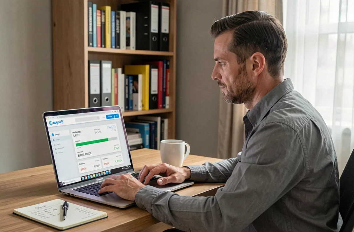 Homme analysant les résultats d'une campagne de collecte de fonds sur un tableau de bord en ligne depuis son bureau à domicile