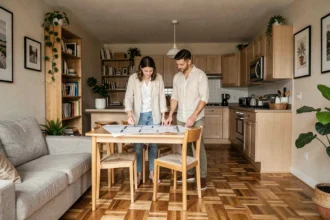 Couple dans un appartement compact et bien aménagé, regardant un plan au sol pour optimiser leur superficie à deux