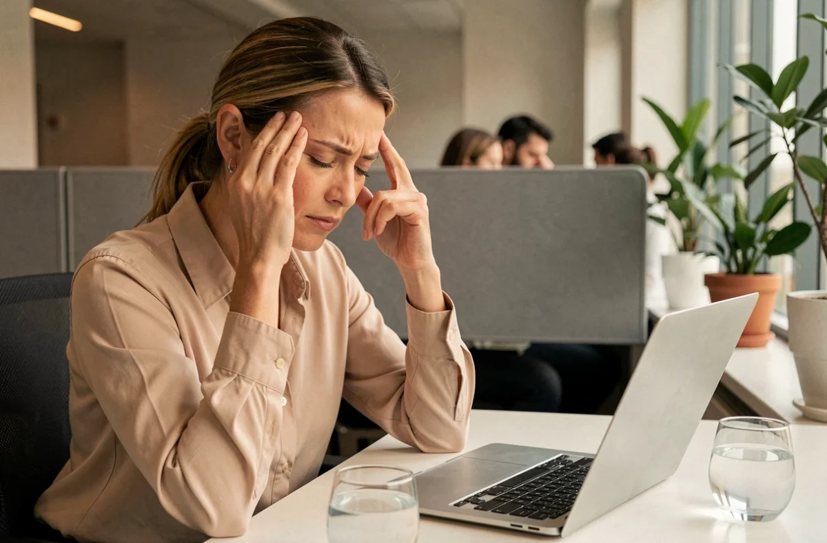 Femme au bureau souffrant de maux de tête liés à une alimentation insuffisante
