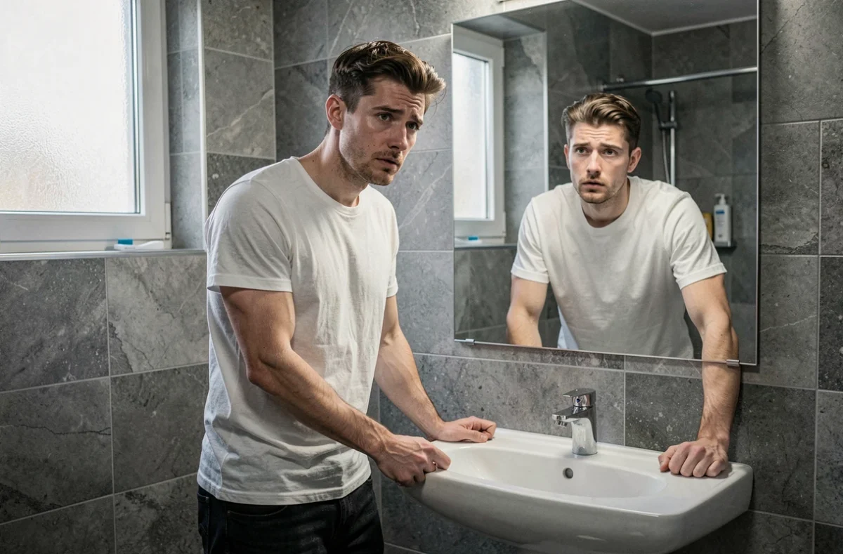 Homme souffrant de vertiges devant un miroir de salle de bain, symptôme de sous-alimentation