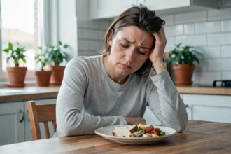 Femme fatiguée assise devant une assiette non touchée, symptôme de manque d'alimentation