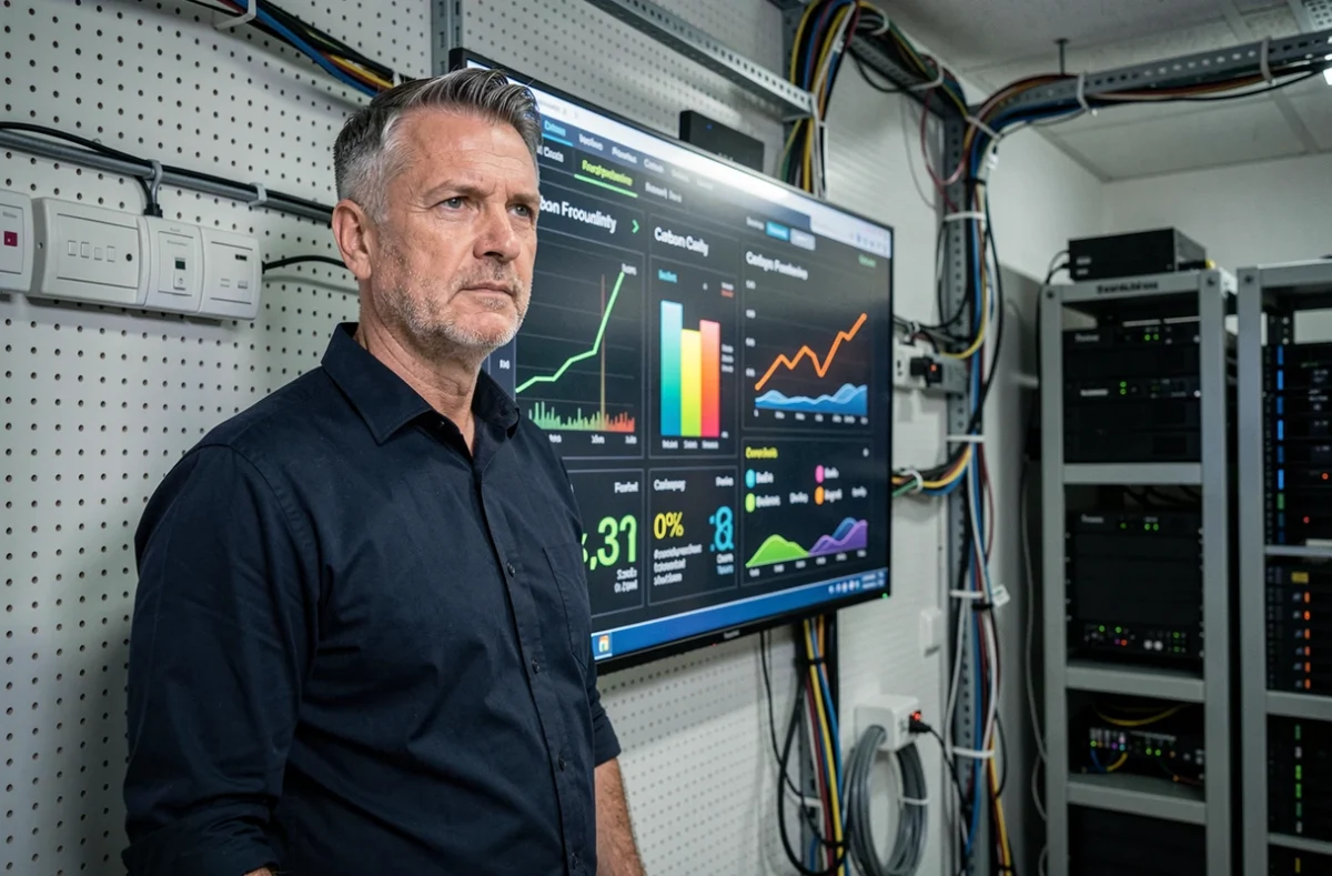 Ingénieur devant un tableau de bord numérique affichant les indicateurs clés de l'empreinte carbone du numérique
