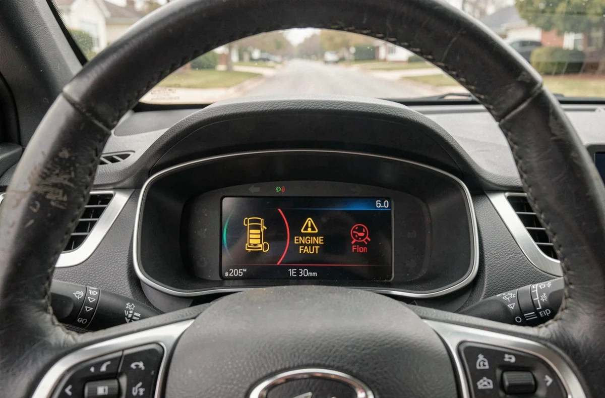 Tableau de bord d'une voiture hybride affichant des voyants d'avertissement moteur et batterie