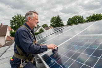Technicien inspectant des panneaux photovoltaïques sur un toit de maison individuelle en zone pavillonnaire