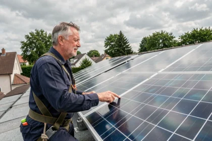 Technicien inspectant des panneaux photovoltaïques sur un toit de maison individuelle en zone pavillonnaire