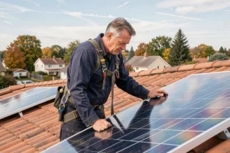 Technicien installant des panneaux solaires photovoltaïques sur le toit d'une maison individuelle en zone pavillonnaire