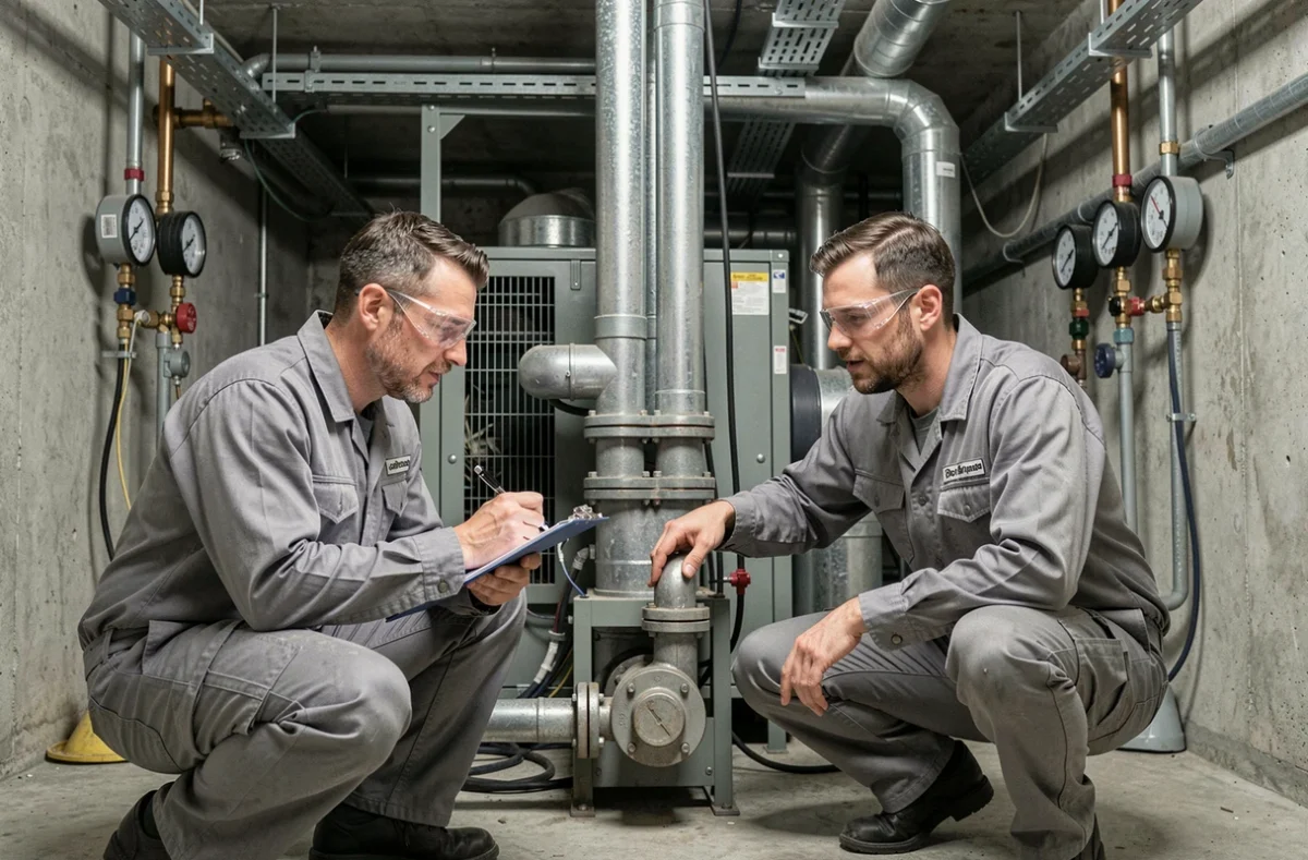 Techniciens inspectant un système de ventilation dans une chaufferie pour effectuer un bilan énergétique de bâtiment