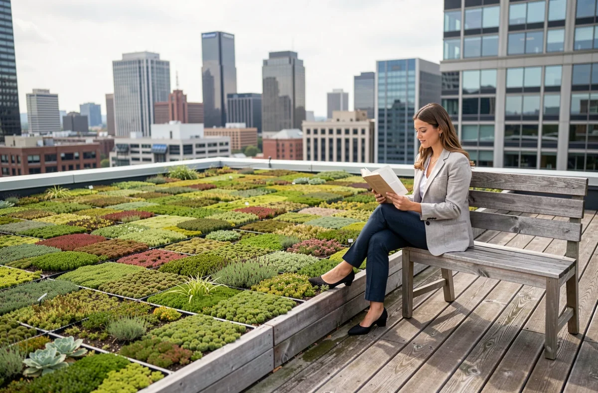 Toiture végétalisée sur immeuble de bureaux avec femme assise lisant sur une terrasse en bois