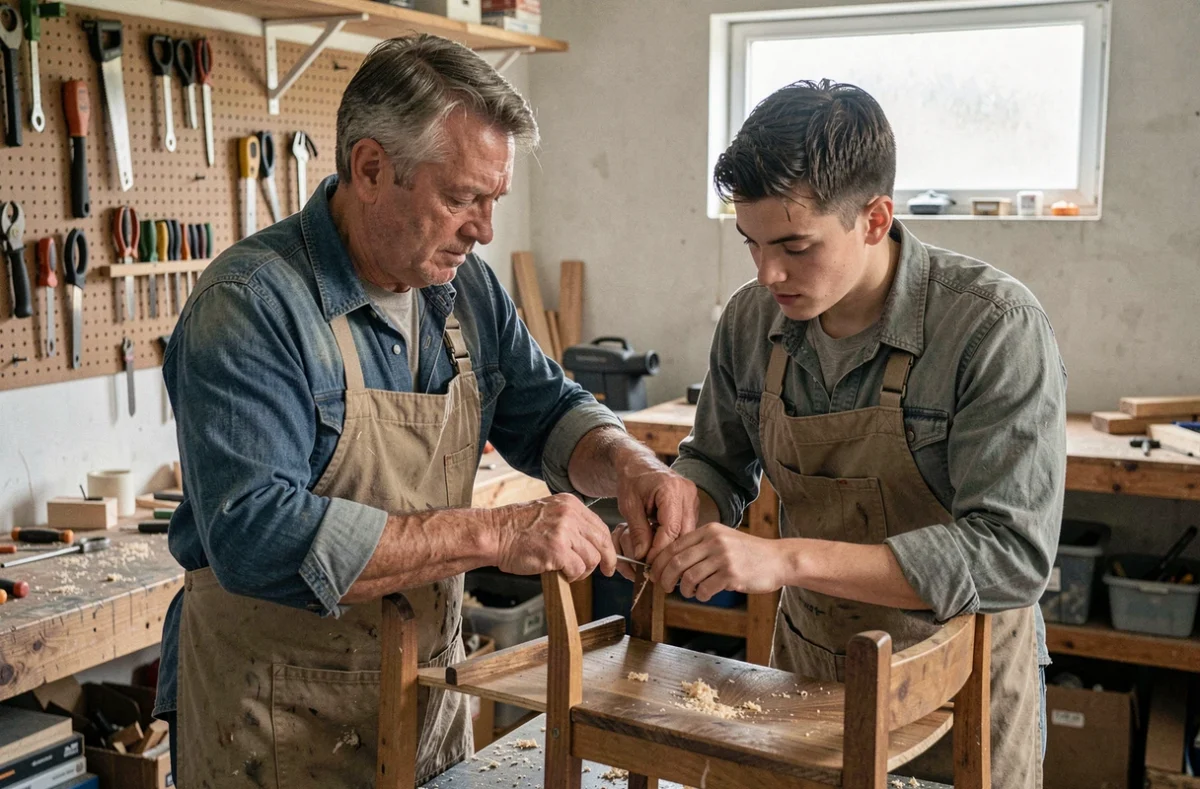 Un père et son fils adulte travaillant ensemble dans un atelier, symbolisant la transmission des savoir-faire et des valeurs familiales entre générations
