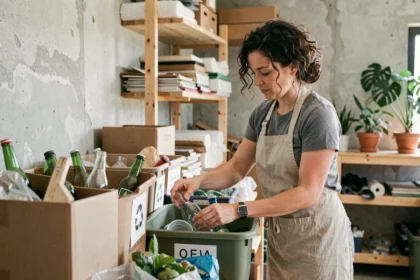 Femme triant des matériaux recyclables dans un atelier de économie circulaire, illustrant le principe de valorisation des ressources