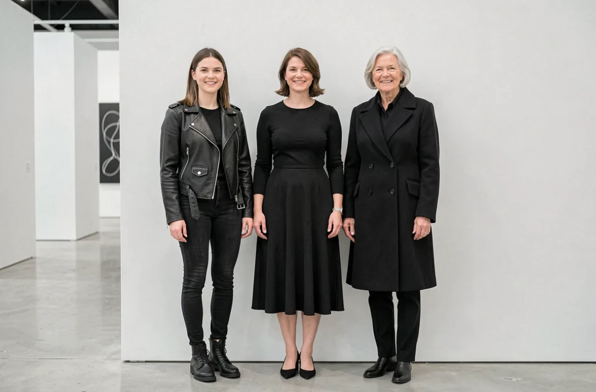 Trois femmes de générations différentes habillées en noir dans une galerie d'art blanche, explorant la diversité et l'universalité du noir dans la mode féminine