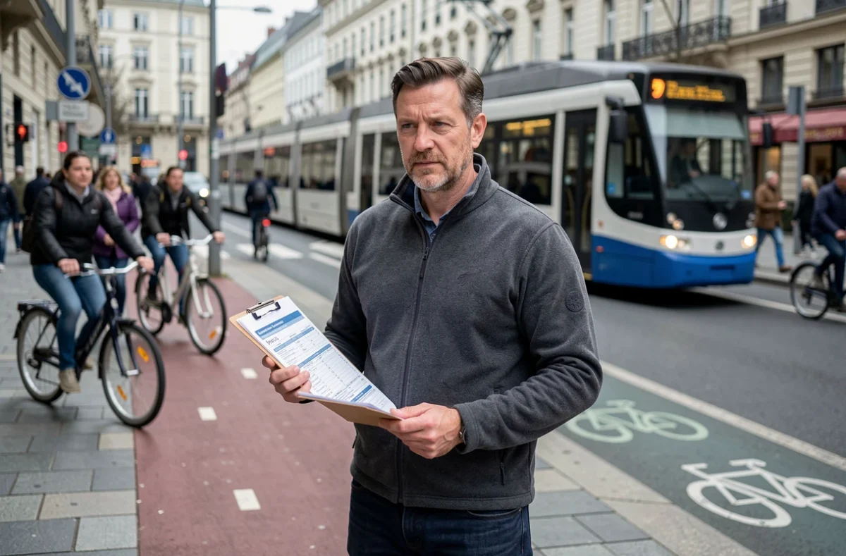 Urbaniste observant les flux de mobilité à une intersection urbaine lors de l'heure de pointe avec tramway et pistes cyclables