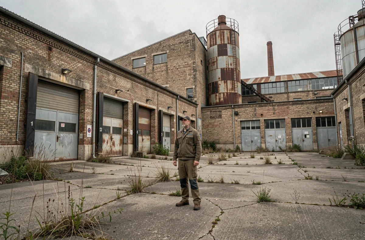 Usine industrielle vieillissante et fermée avec un ouvrier solitaire, symbole du déclin et des difficultés du secteur industriel