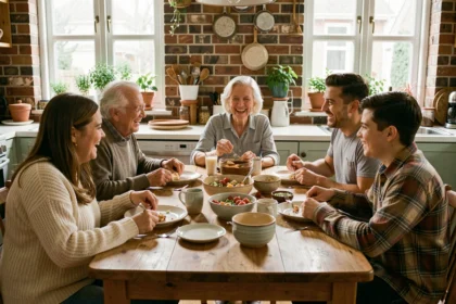 Famille multigénérationnelle réunie autour d'un repas dans une cuisine chaleureuse, illustrant les valeurs de solidarité familiale défendues par la branche famille