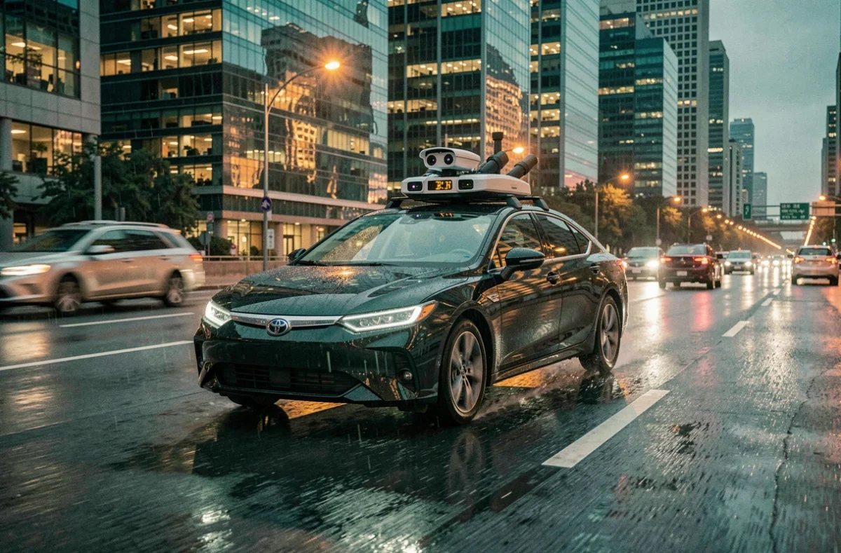 Véhicule autonome équipé de capteurs LiDAR circulant sur une autoroute urbaine sous la pluie au crépuscule