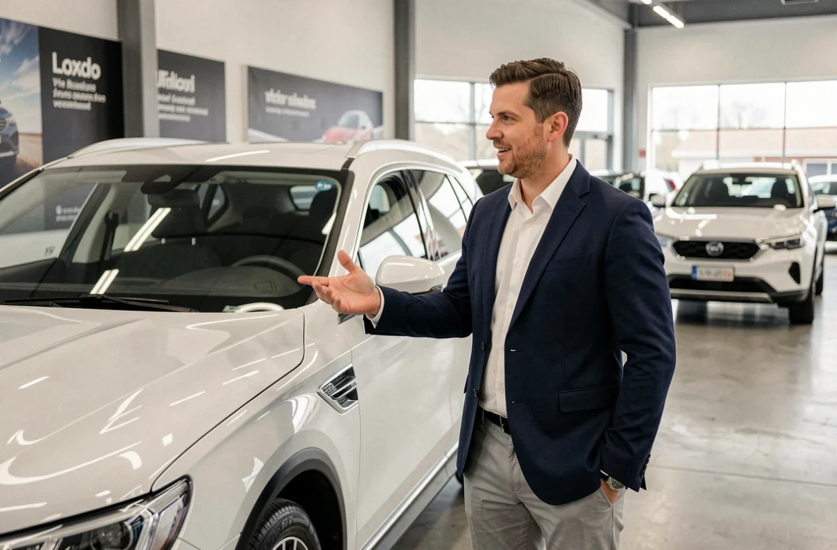 Vendeur automobile présentant un SUV blanc populaire à l'intérieur d'une concession moderne