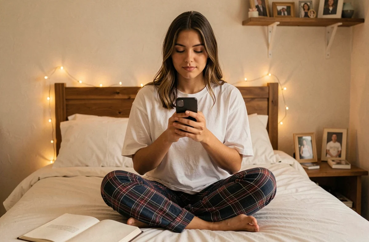 Jeune femme protégeant son téléphone contre sa poitrine dans sa chambre, symbole de la confidentialité des données personnelles
