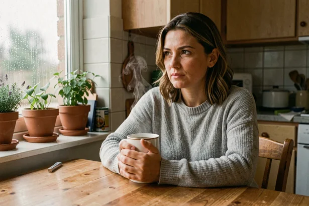Femme réfléchissant à sa vie privée dans sa cuisine, tenant une tasse de café près d'une fenêtre sous la pluie