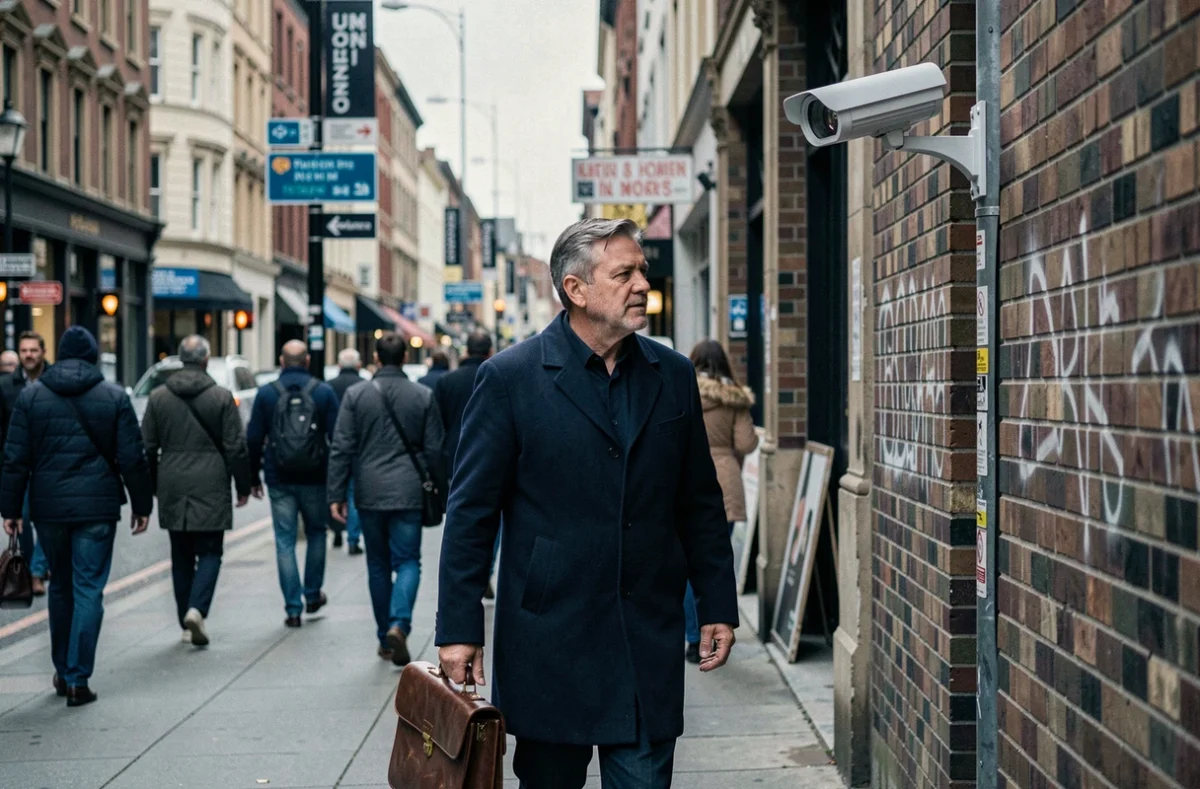 Homme marchant dans la rue sous une caméra de surveillance, illustrant les enjeux de la vie privée en espace public