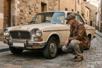 Homme inspectant une voiture ancienne des années 1970 dans une rue pavée française, eligible plaque collection