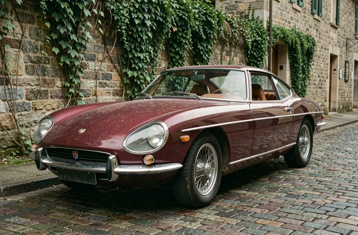 Voiture de sport classique des années 1960 en bordeaux garée sur une rue pavée européenne, symbole de l'investissement dans les automobiles de collection