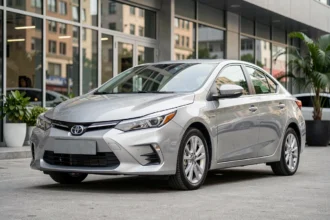 Voiture compacte berline la plus vendue garée devant un showroom automobile moderne en milieu urbain