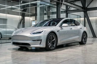 Berline électrique futuriste exposée dans un showroom automobile high-tech avec finitions métalliques avancées