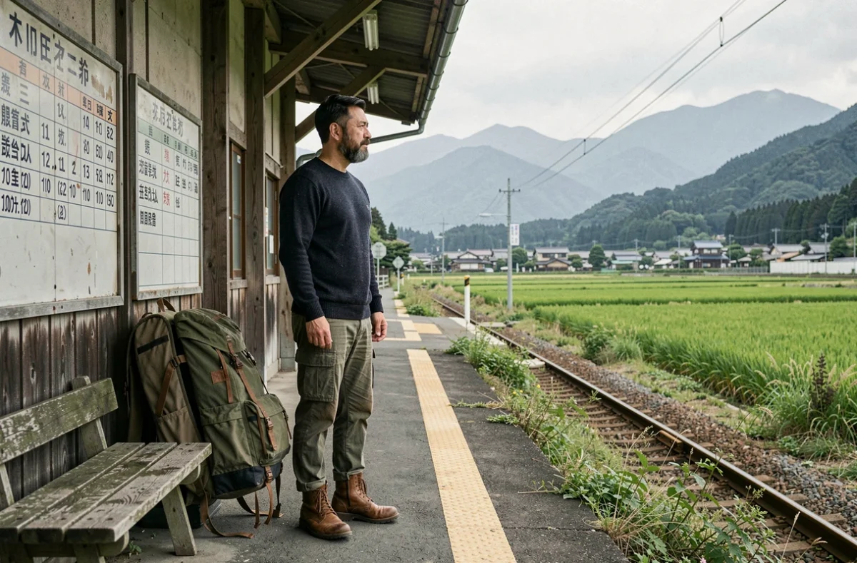 Un voyageur lent contemple un paysage rural japonais depuis un quai de gare de campagne, symbole du tourisme lent et intentionnel