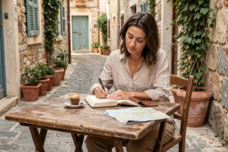 Une voyageuse lente écrit dans son journal à la terrasse d'un café de village méditerranéen, illustrant le concept de voyage lent