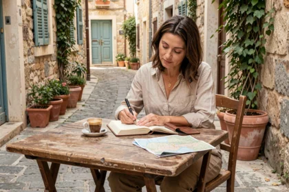 Une voyageuse lente écrit dans son journal à la terrasse d'un café de village méditerranéen, illustrant le concept de voyage lent