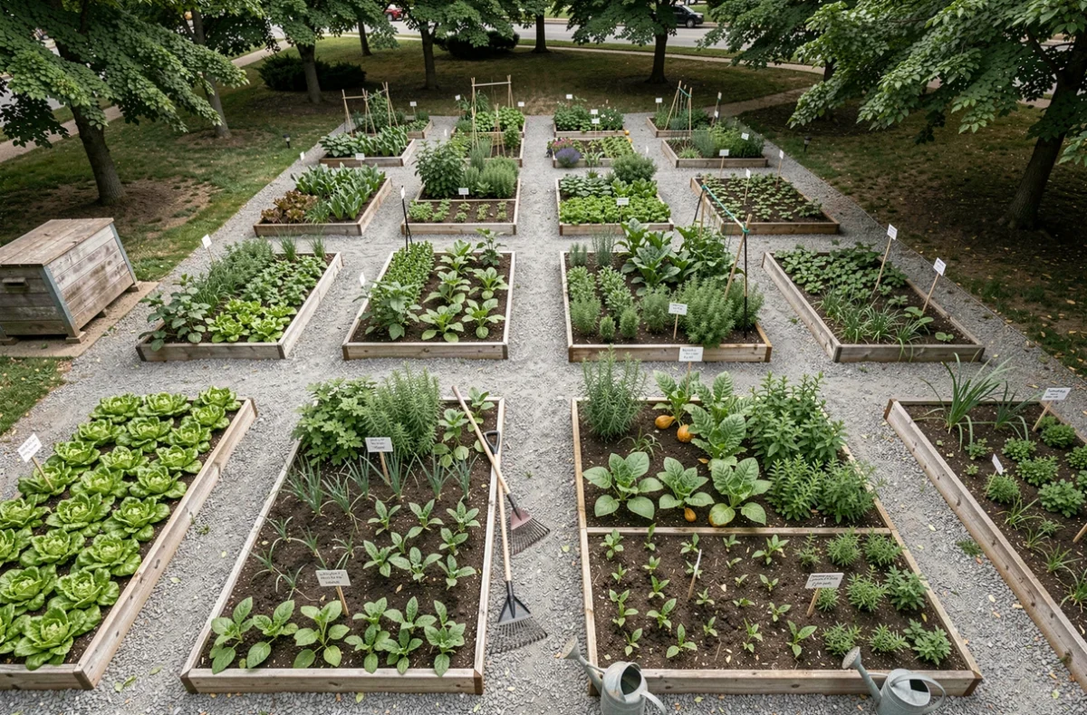 Vue aérienne d'un jardin communautaire bien organisé avec des bacs de légumes et des allées en gravier en milieu de saison