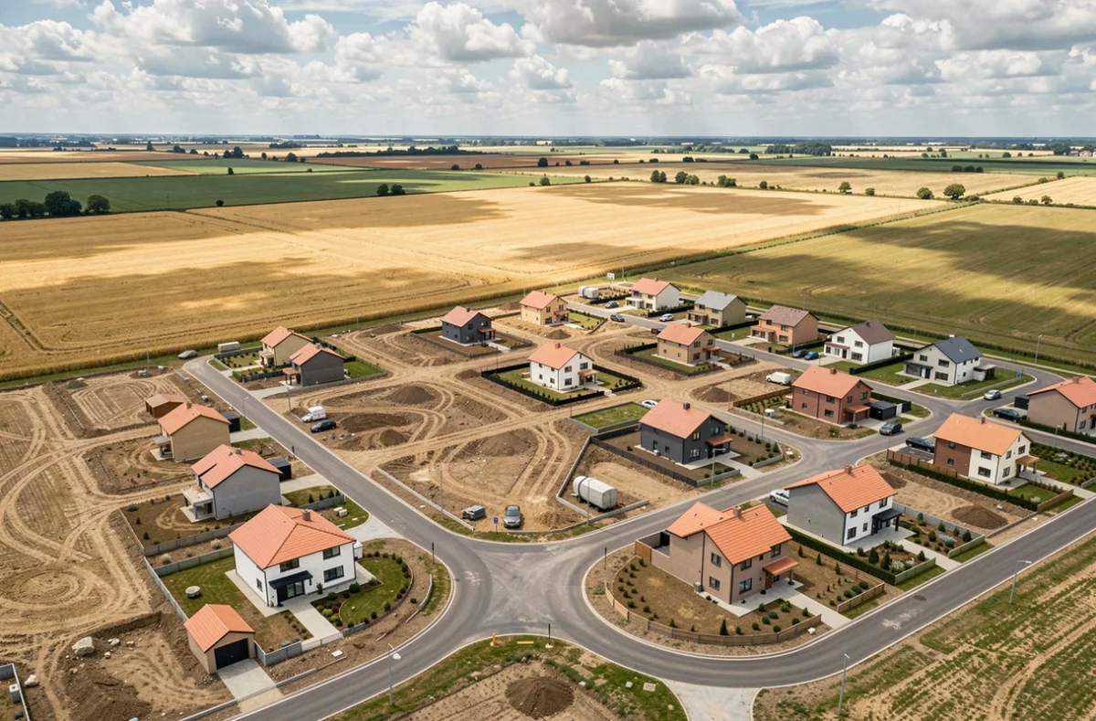 Vue aérienne d'un lotissement périurbain en expansion aux abords de terres agricoles illustrant l'étalement urbain